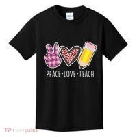 Peace Love Teach Plaid and Leopard Prints Kids T-Shirt thumb 0