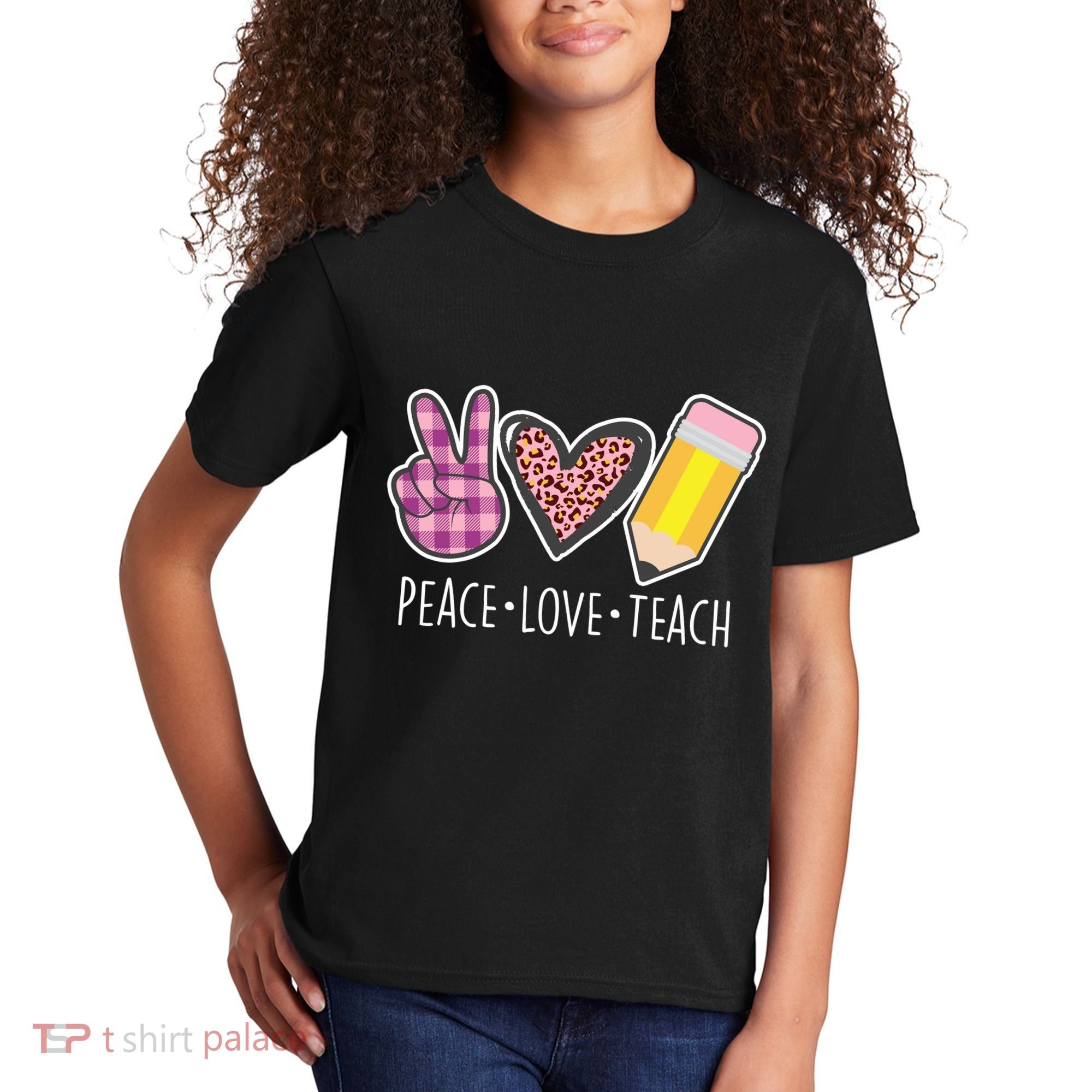 Peace Love Teach Plaid and Leopard Prints Kids T-Shirt