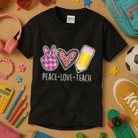 Peace Love Teach Plaid and Leopard Prints Kids T-Shirt thumb 3