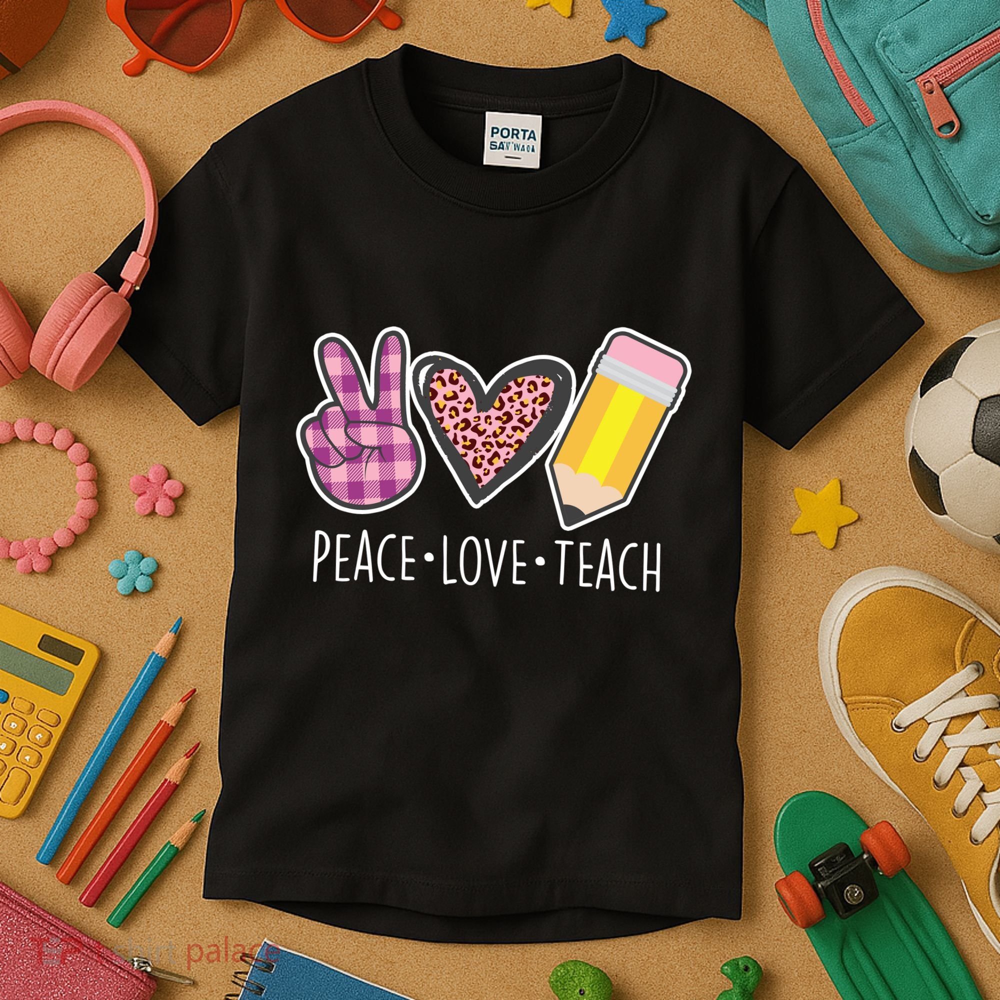 Peace Love Teach Plaid and Leopard Prints Kids T-Shirt
