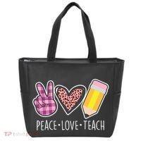 Peace Love Teach Plaid and Leopard Prints Tote Bag thumb 0