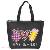 Peace Love Teach Plaid and Leopard Prints Tote Bag thumb 0