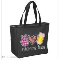 Peace Love Teach Plaid and Leopard Prints Tote Bag thumb 2