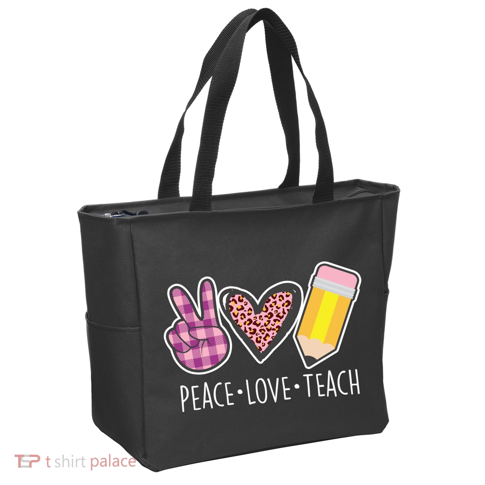 Peace Love Teach Plaid and Leopard Prints Tote Bag