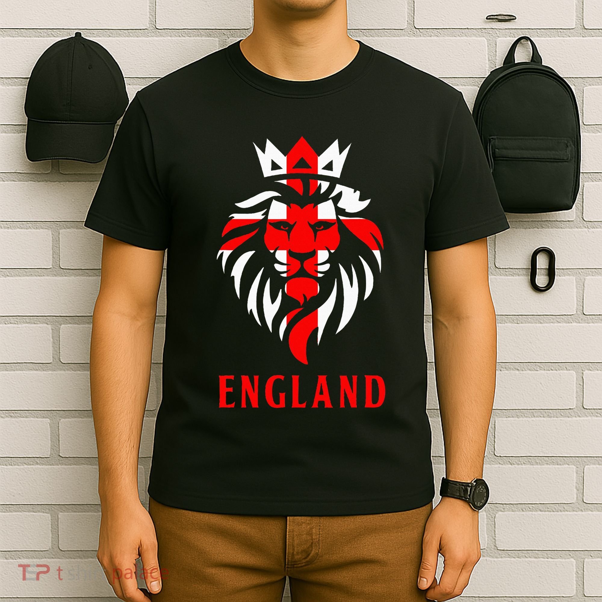 Patriotic England Football Soccer Fan Crown Lion Head Flag T-Shirt