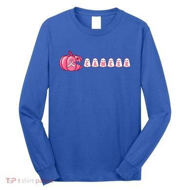 Pumpkin Eating Ghost Gamer Support Breast Cancer Warrior Cool Gift Long Sleeve Shirt
