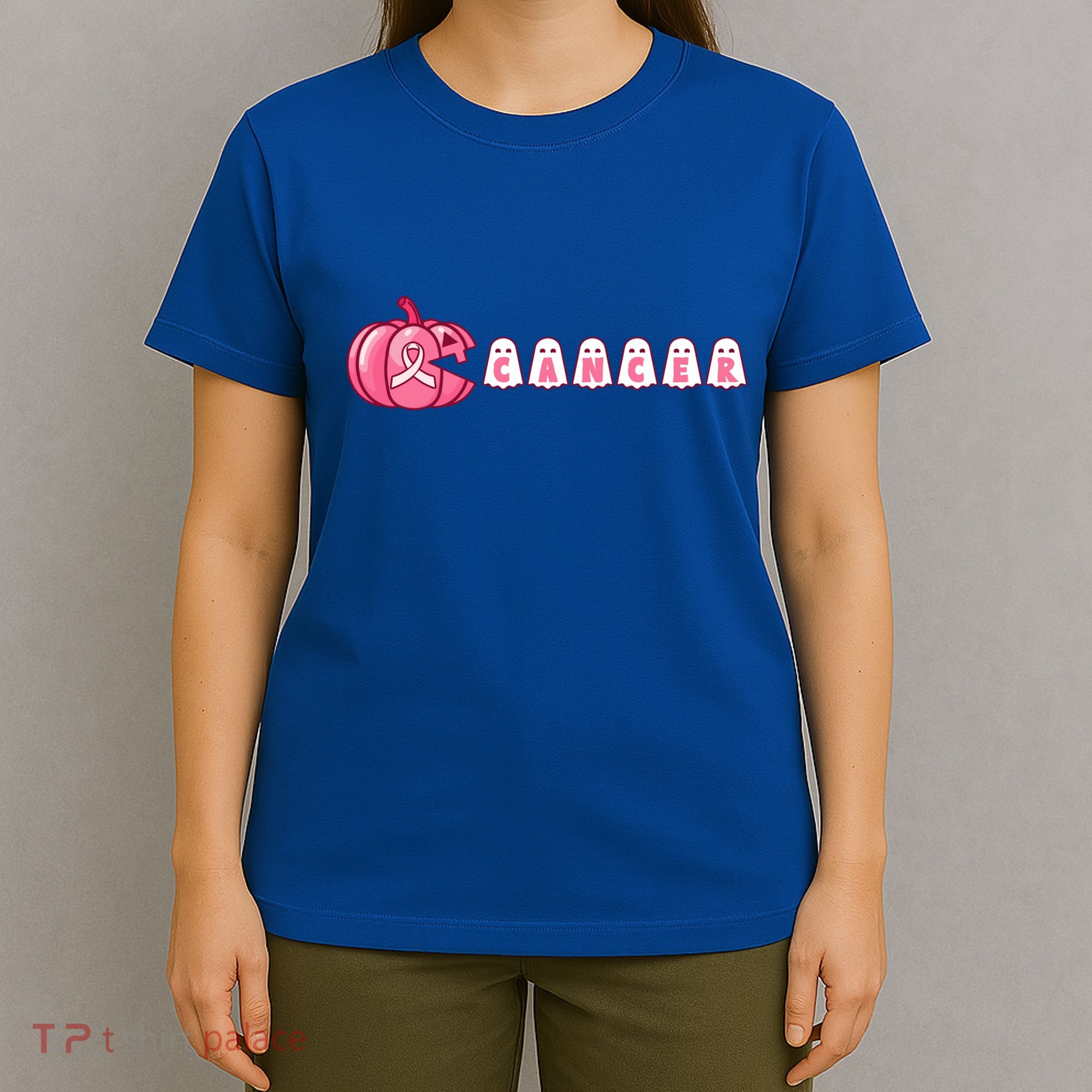 Pumpkin Eating Ghost Gamer Support Breast Cancer Warrior Cool Gift T-Shirt