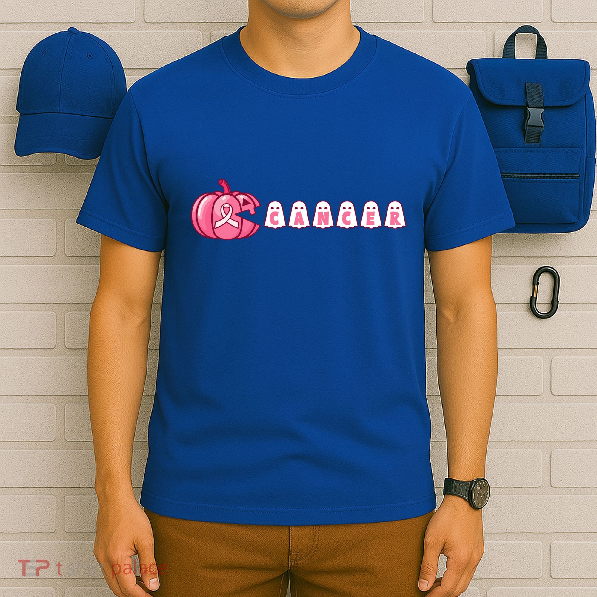 Pumpkin Eating Ghost Gamer Support Breast Cancer Warrior Cool Gift T-Shirt