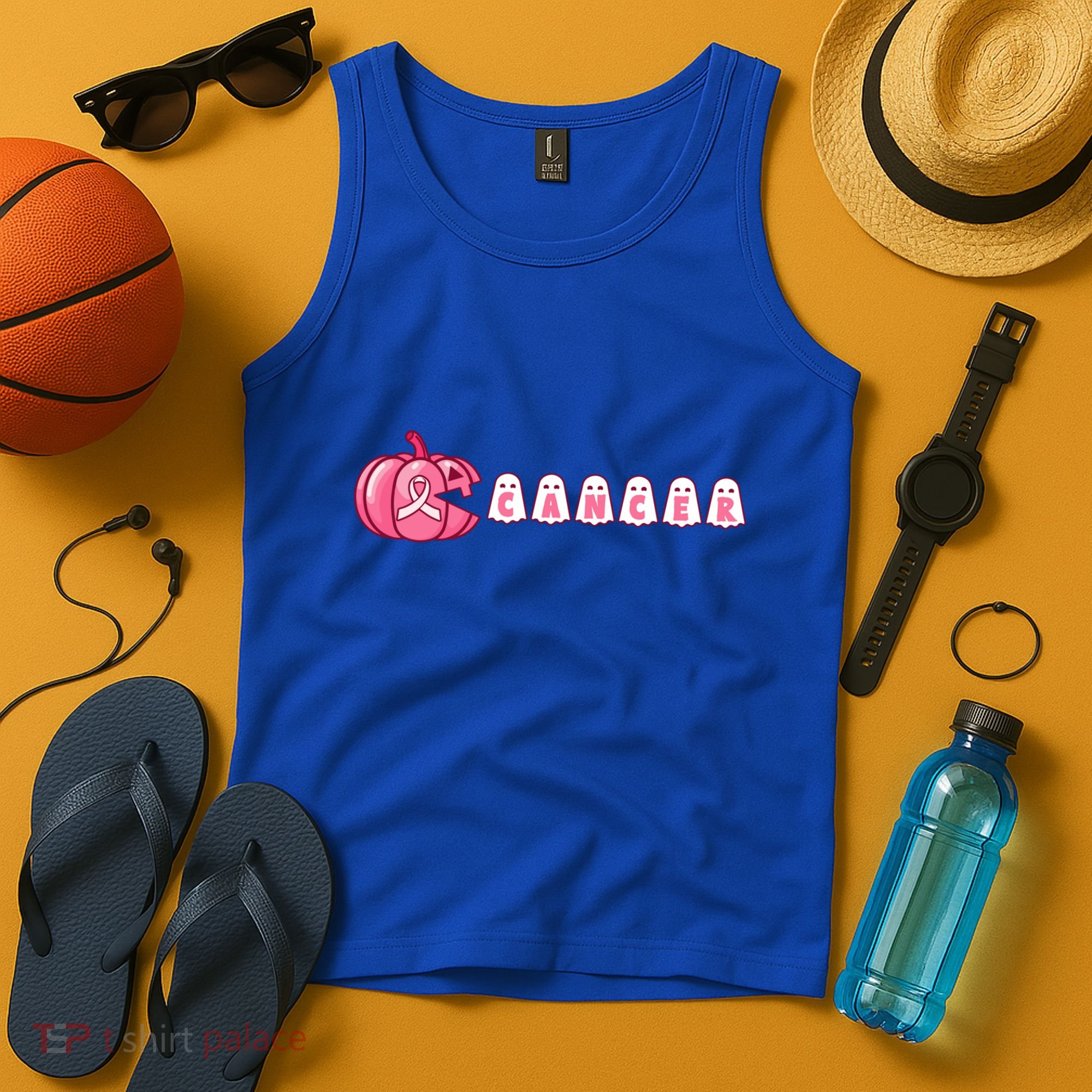 Pumpkin Eating Ghost Gamer Support Breast Cancer Warrior Cool Gift Tank Top