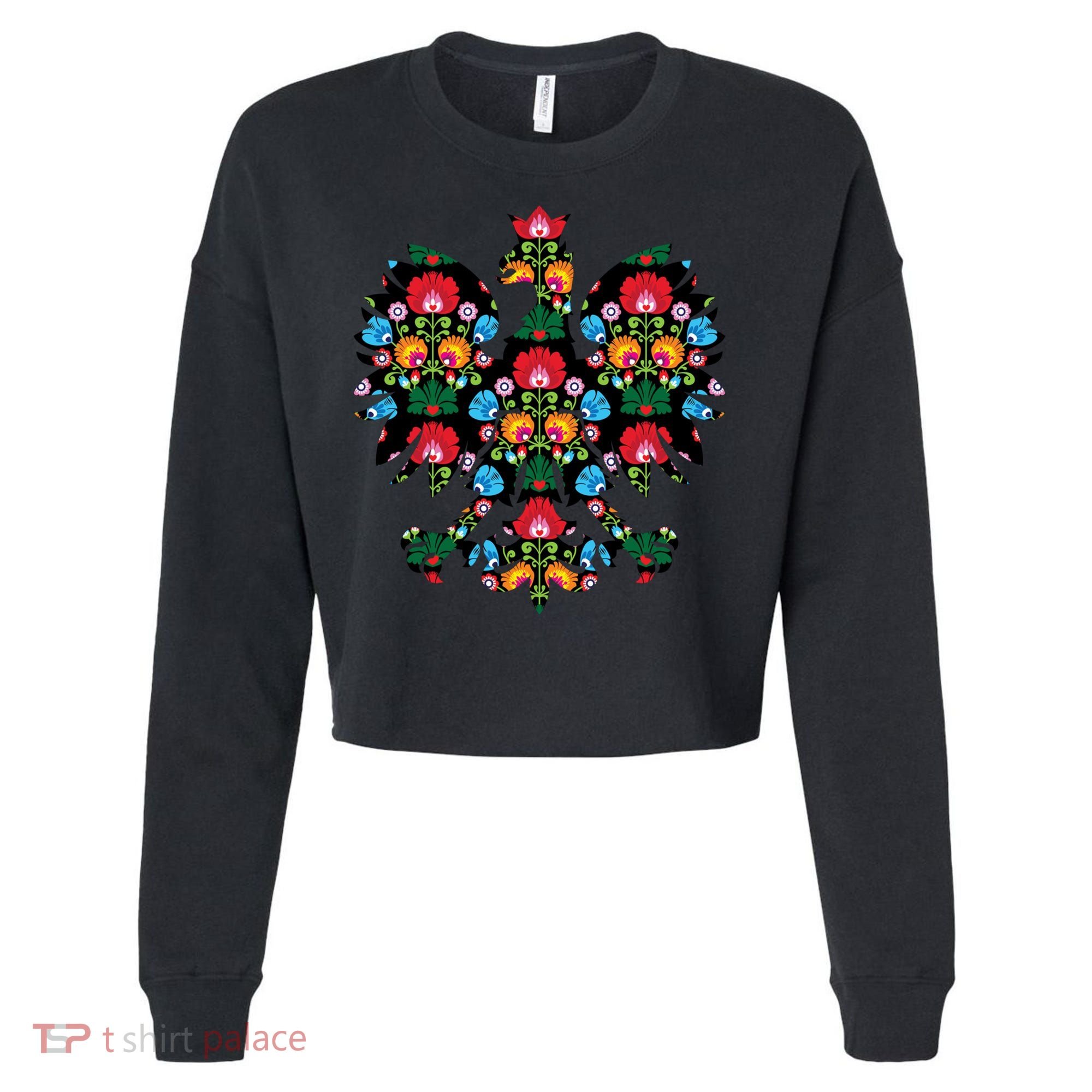 Polish Eagle Gift Poland Wycinanki Emblem, Polish Folk Art Fest Gift Cropped Pullover Crew