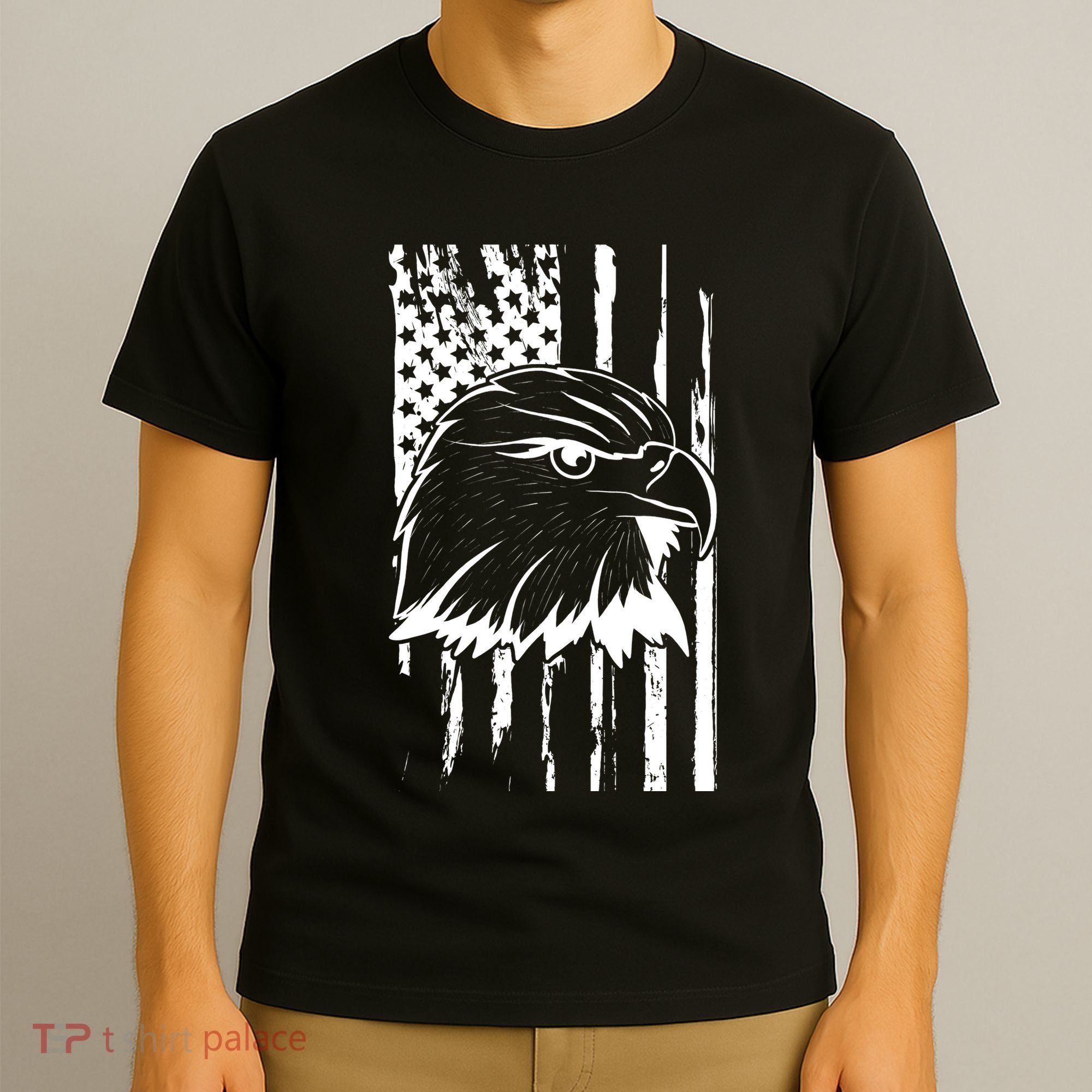 Patriotic Eagle Head American Flag Black T-Shirt