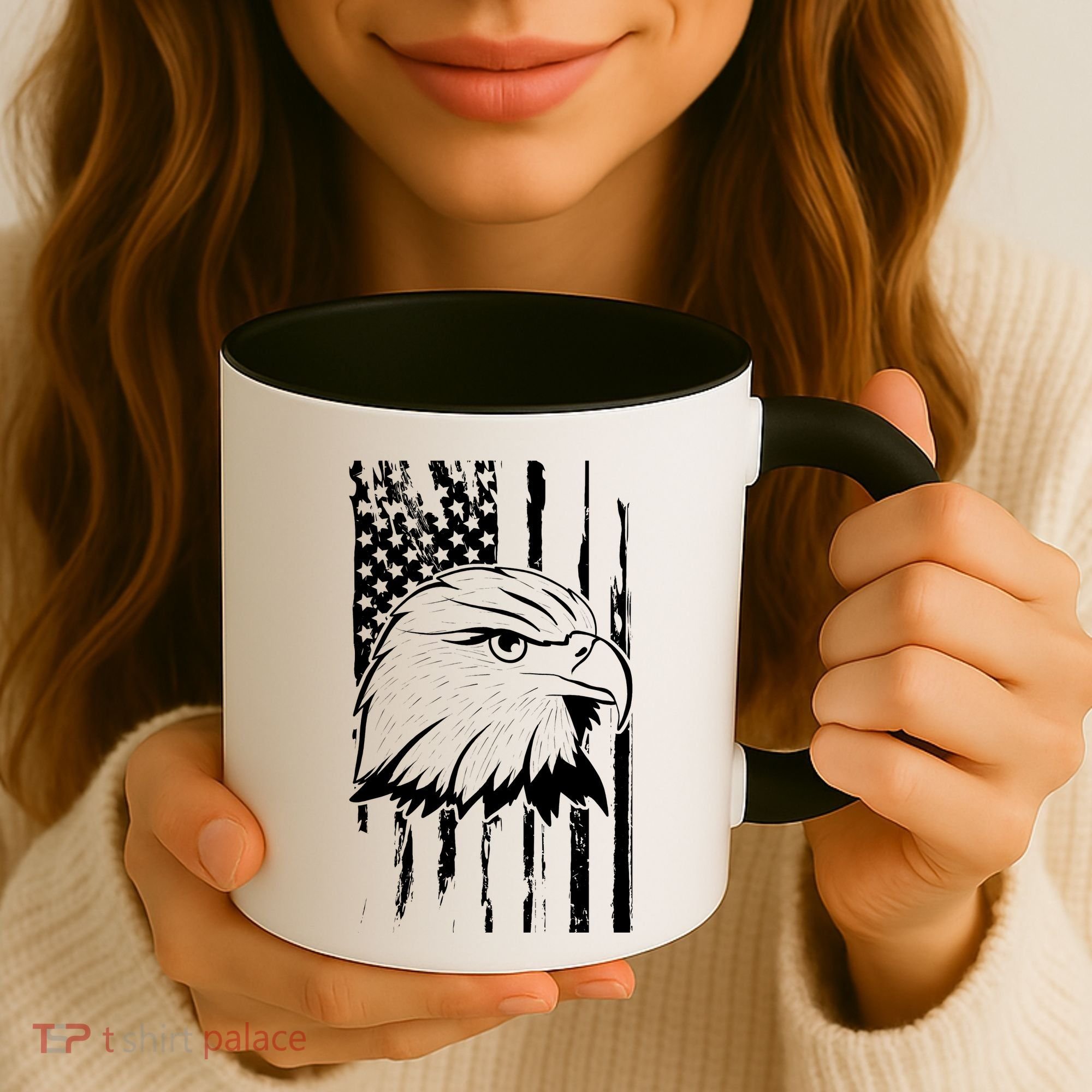 Patriotic Eagle Head American Flag Black Coffee Mug
