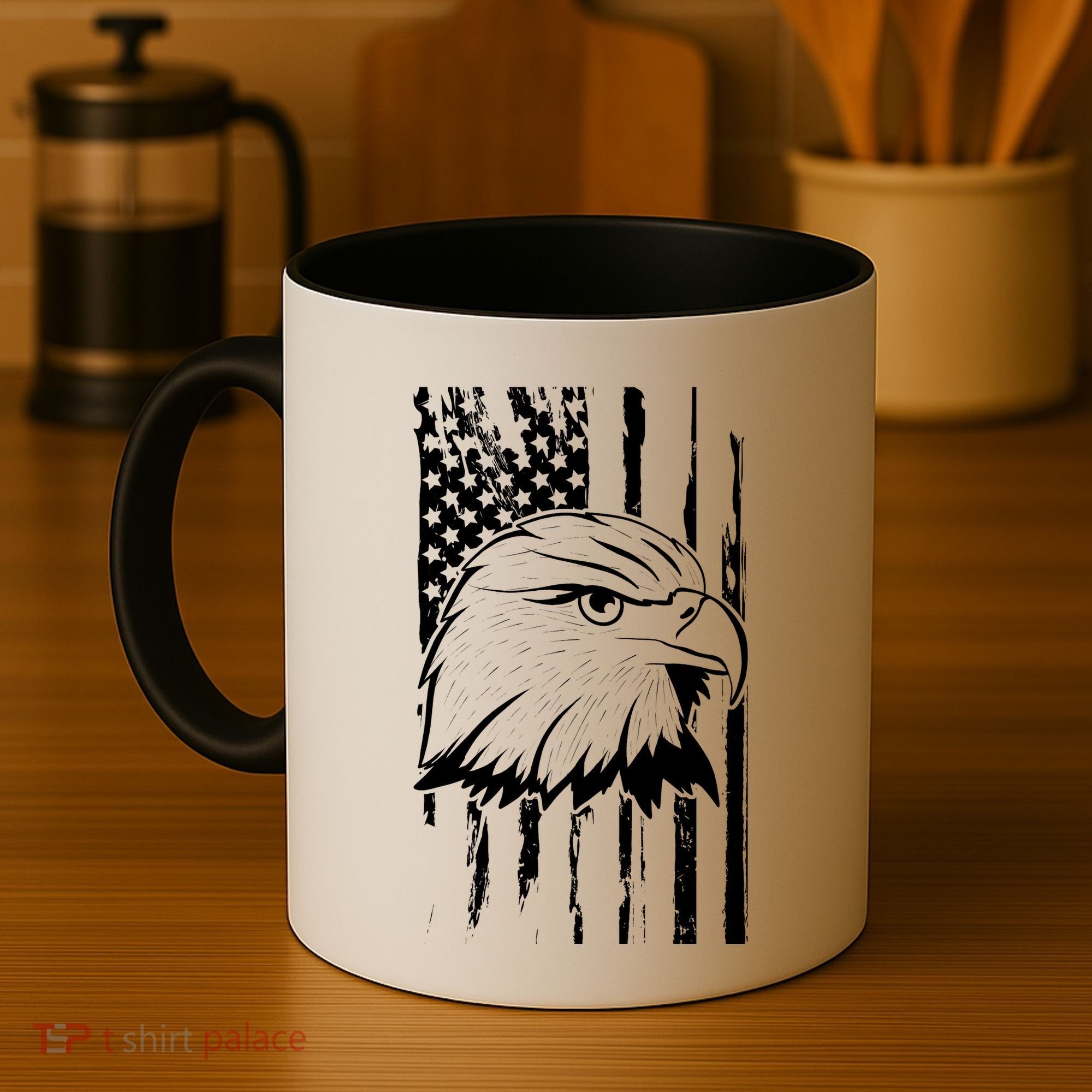 Patriotic Eagle Head American Flag Black Coffee Mug