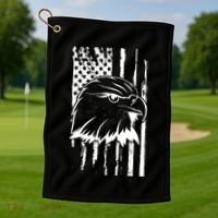 Patriotic Eagle Head American Flag Black Golf Towel thumb 1