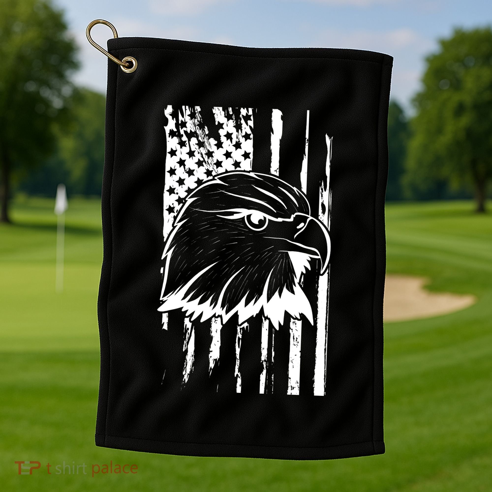 Patriotic Eagle Head American Flag Black Golf Towel