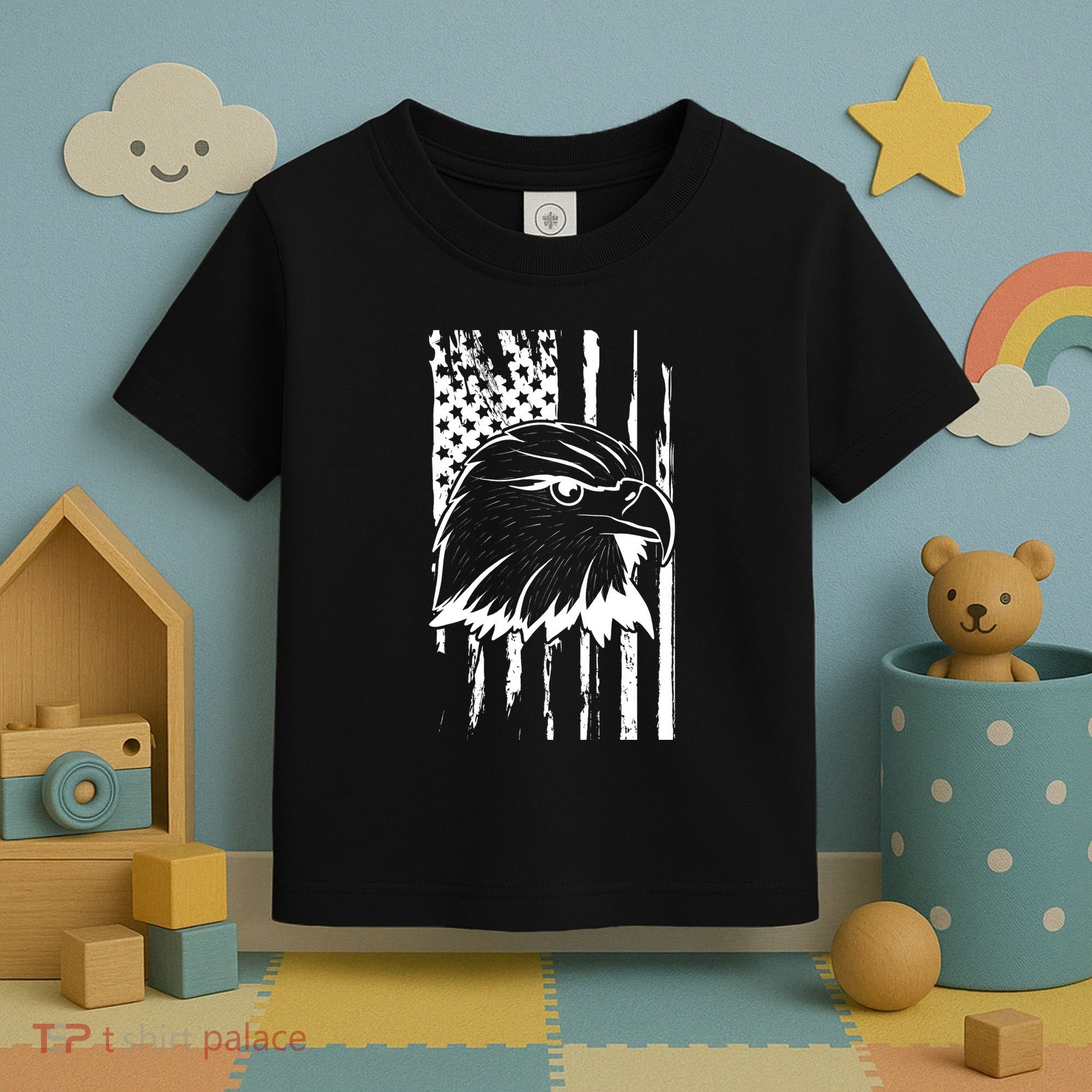 Patriotic Eagle Head American Flag Black Toddler T-Shirt