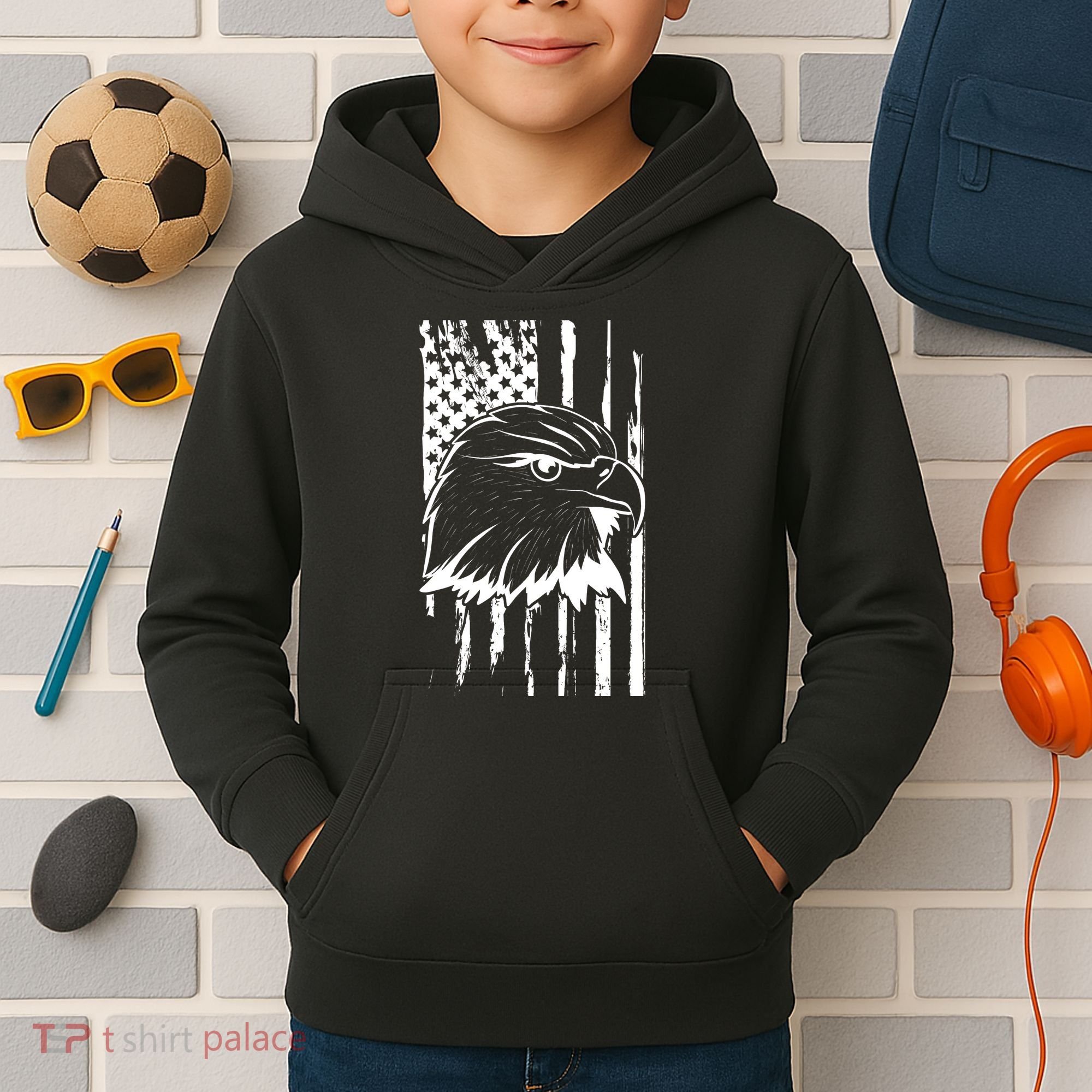 Patriotic Eagle Head American Flag Black Kids Hoodie