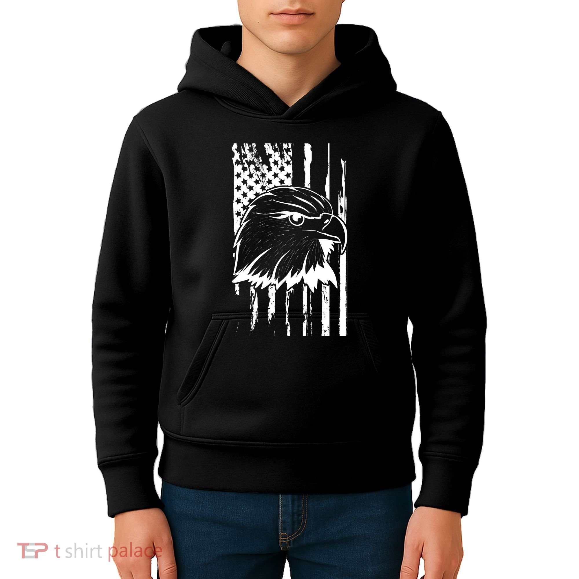 Patriotic Eagle Head American Flag Black Kids Hoodie