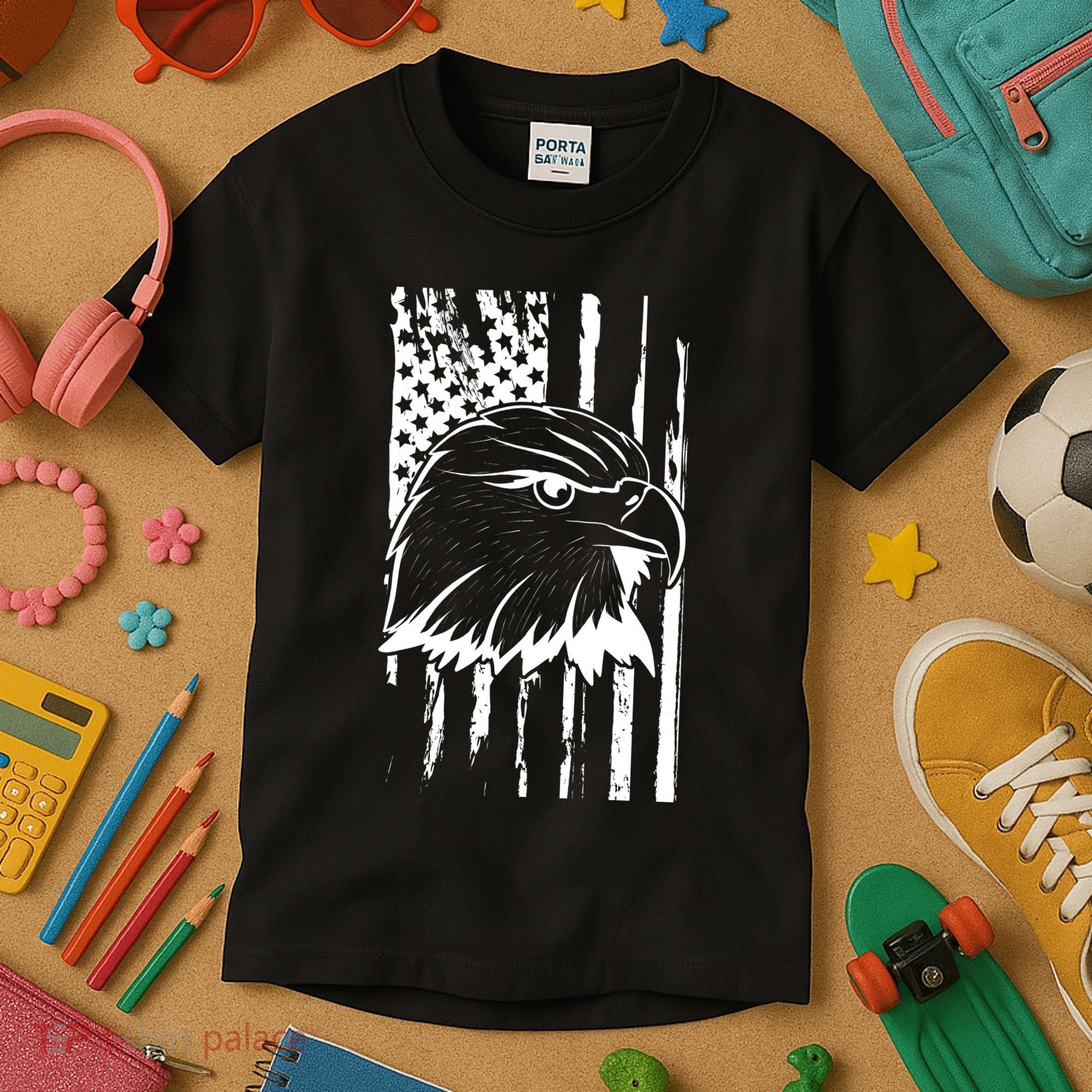 Patriotic Eagle Head American Flag Black Kids T-Shirt
