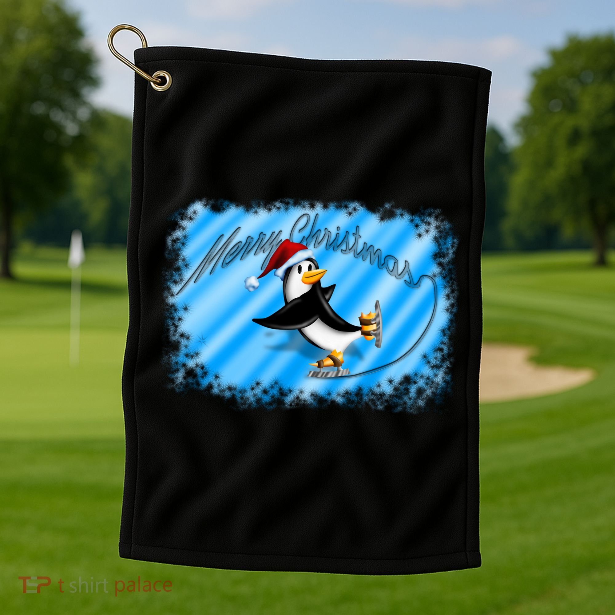 Penguin Skating Merry Christmas Golf Towel