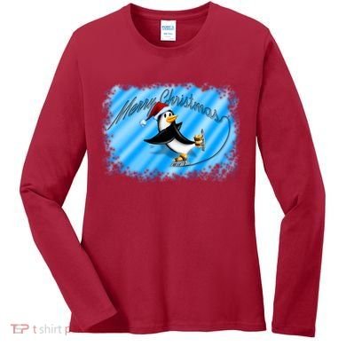Penguin Skating Merry Christmas Women's Long Sleeve Shirt
