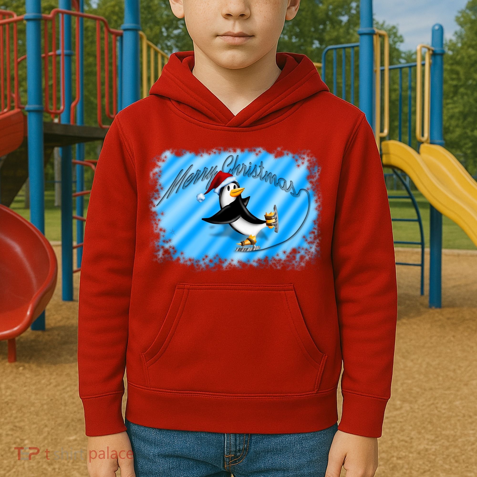 Penguin Skating Merry Christmas Kids Hoodie