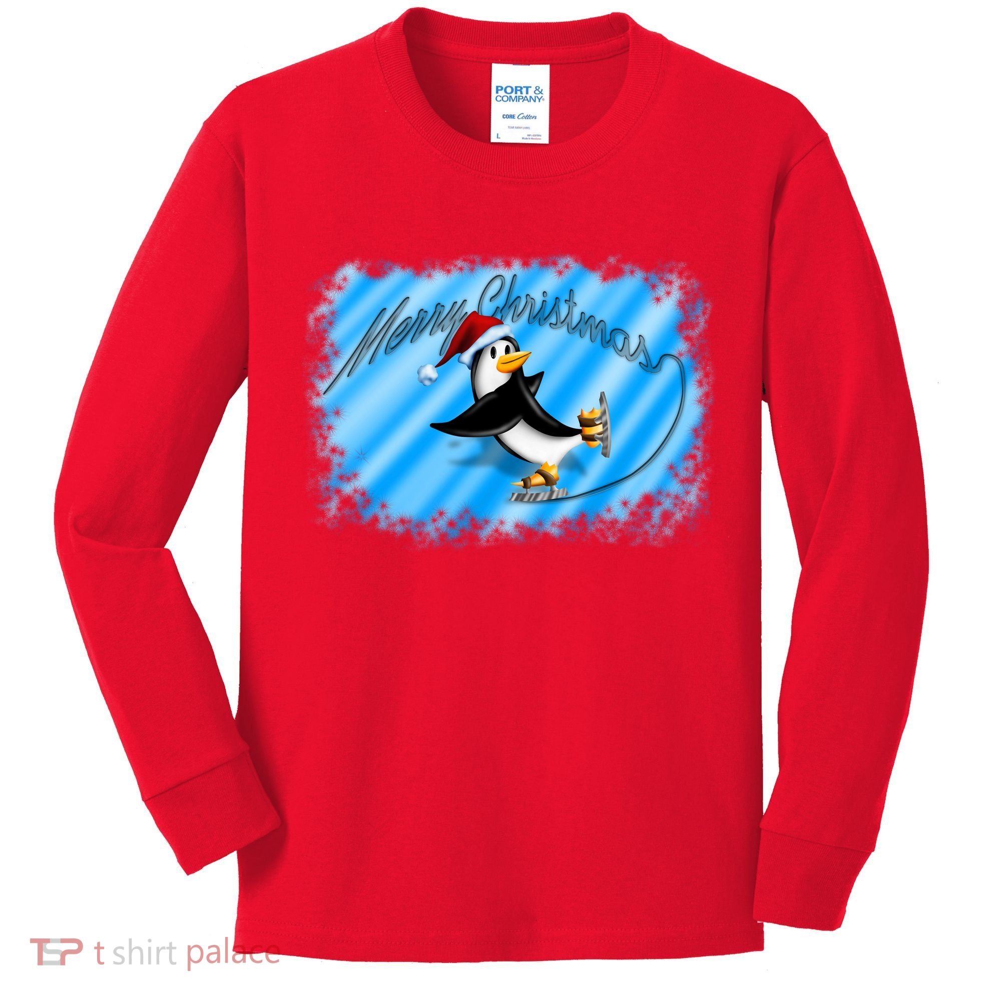 Penguin Skating Merry Christmas Kids Long Sleeve Shirt