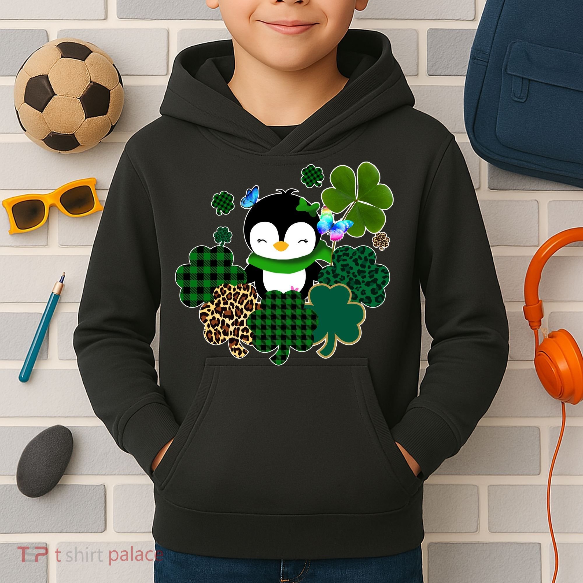 Penguin St Patty's Day Cute Shamrocks  Kids Hoodie