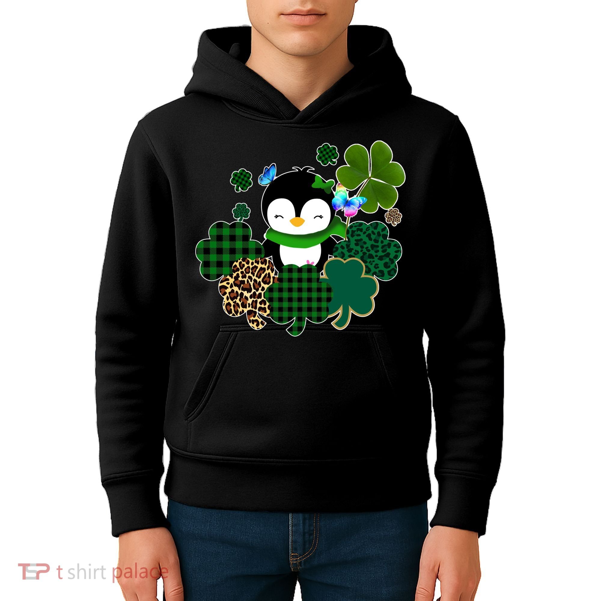 Penguin St Patty's Day Cute Shamrocks  Kids Hoodie
