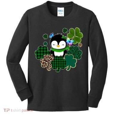 Penguin St Patty's Day Cute Shamrocks  Kids Long Sleeve Shirt
