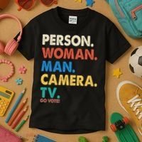 Person Woman Man Camera TV Go Vote Kids T-Shirt thumb 3