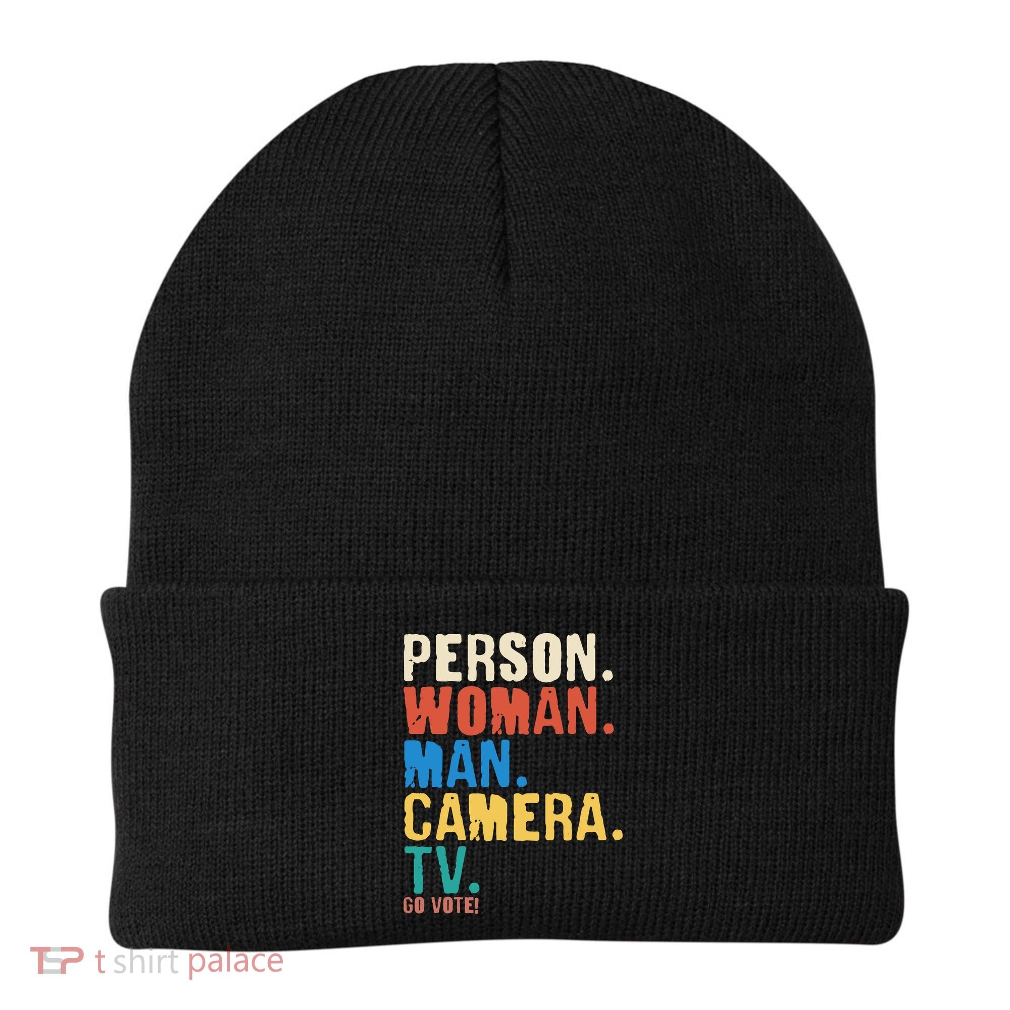Person Woman Man Camera TV Go Vote Distressed Beanie