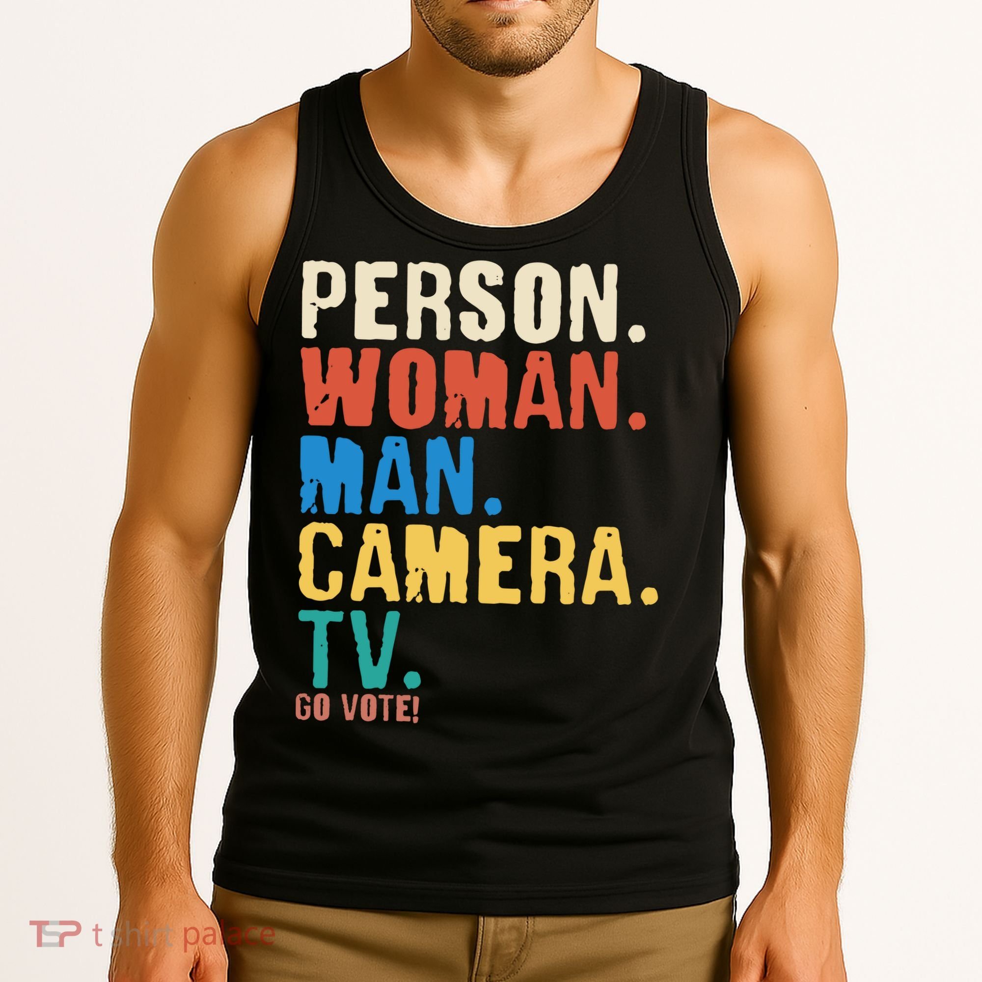 Person Woman Man Camera TV Go Vote Distressed Tank Top