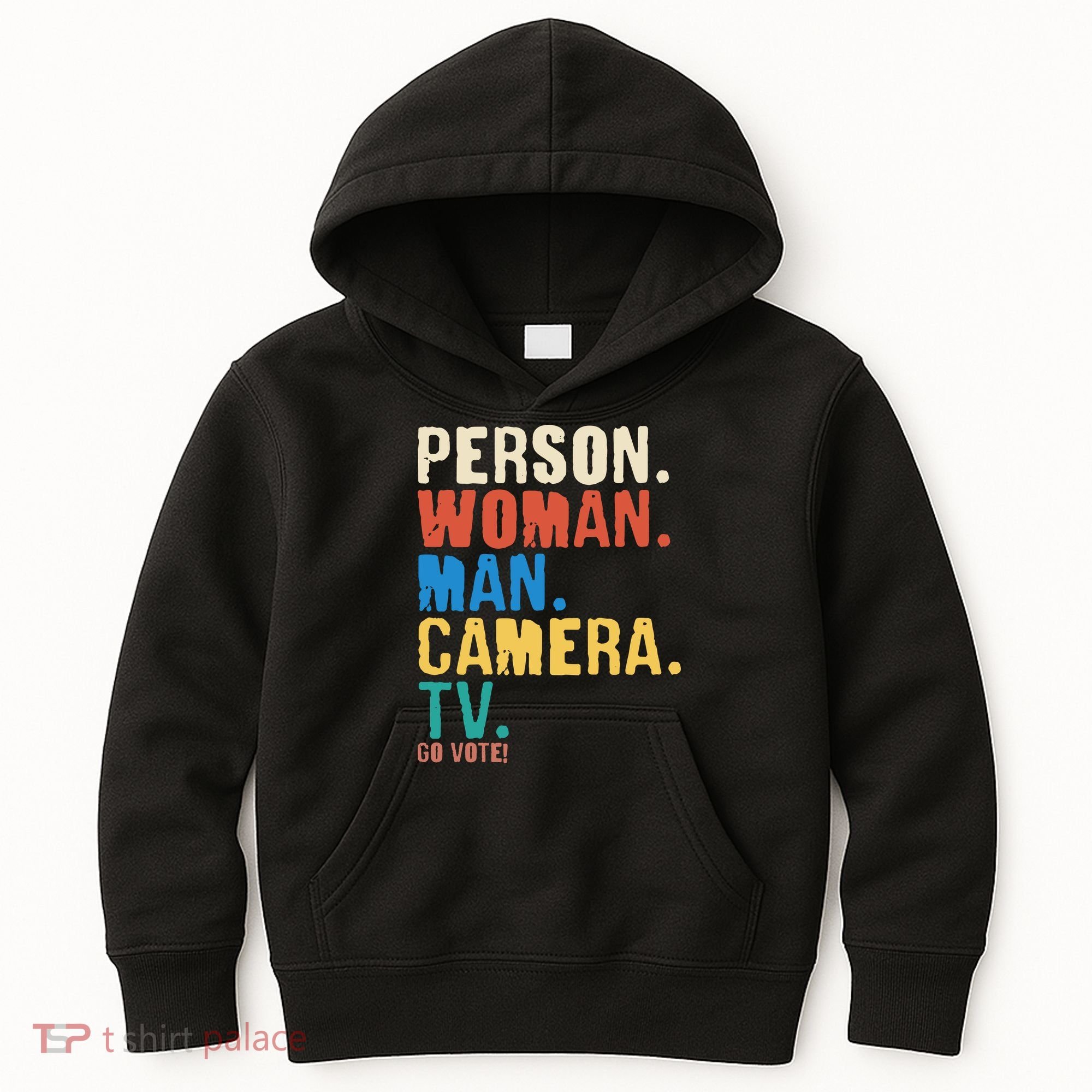 Person Woman Man Camera TV Go Vote Distressed Kids Hoodie