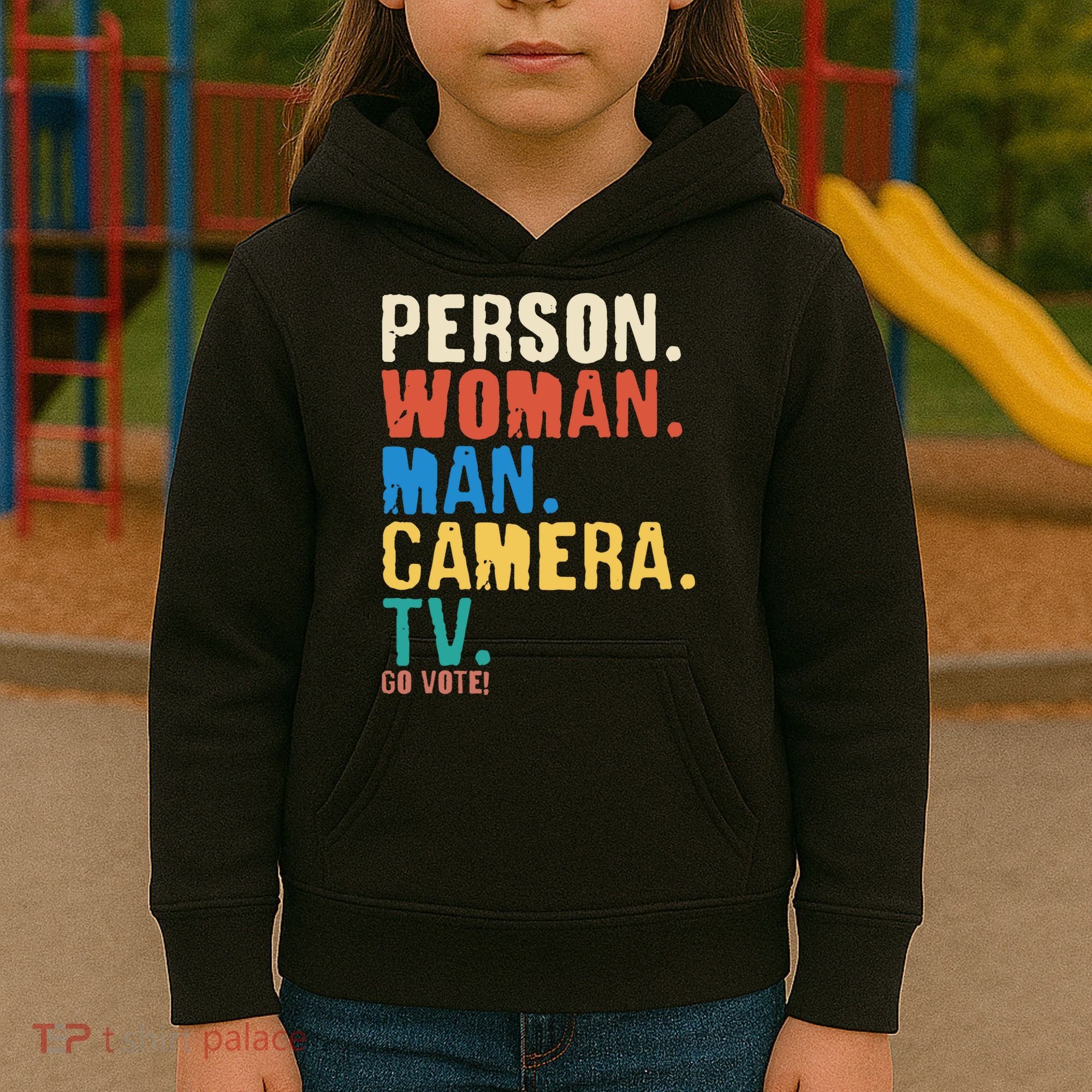 Person Woman Man Camera TV Go Vote Distressed Kids Hoodie
