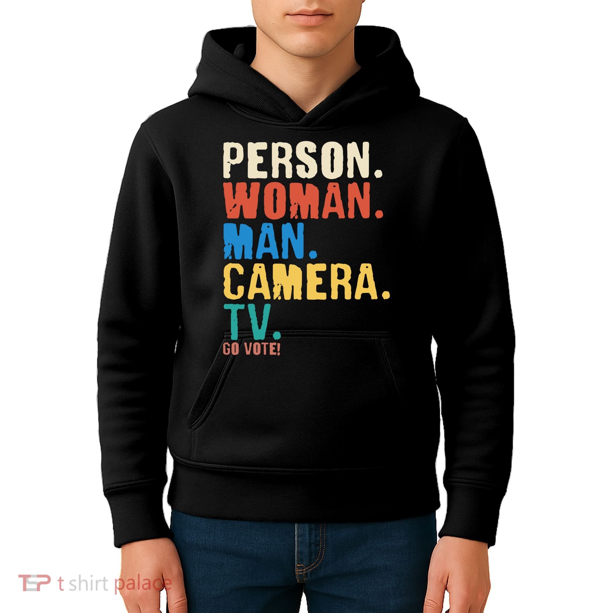 Person Woman Man Camera TV Go Vote Distressed Kids Hoodie