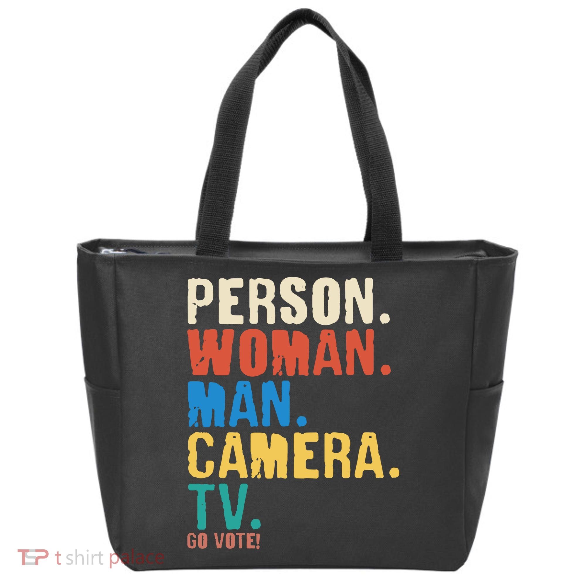 Person Woman Man Camera TV Go Vote Distressed Tote Bag