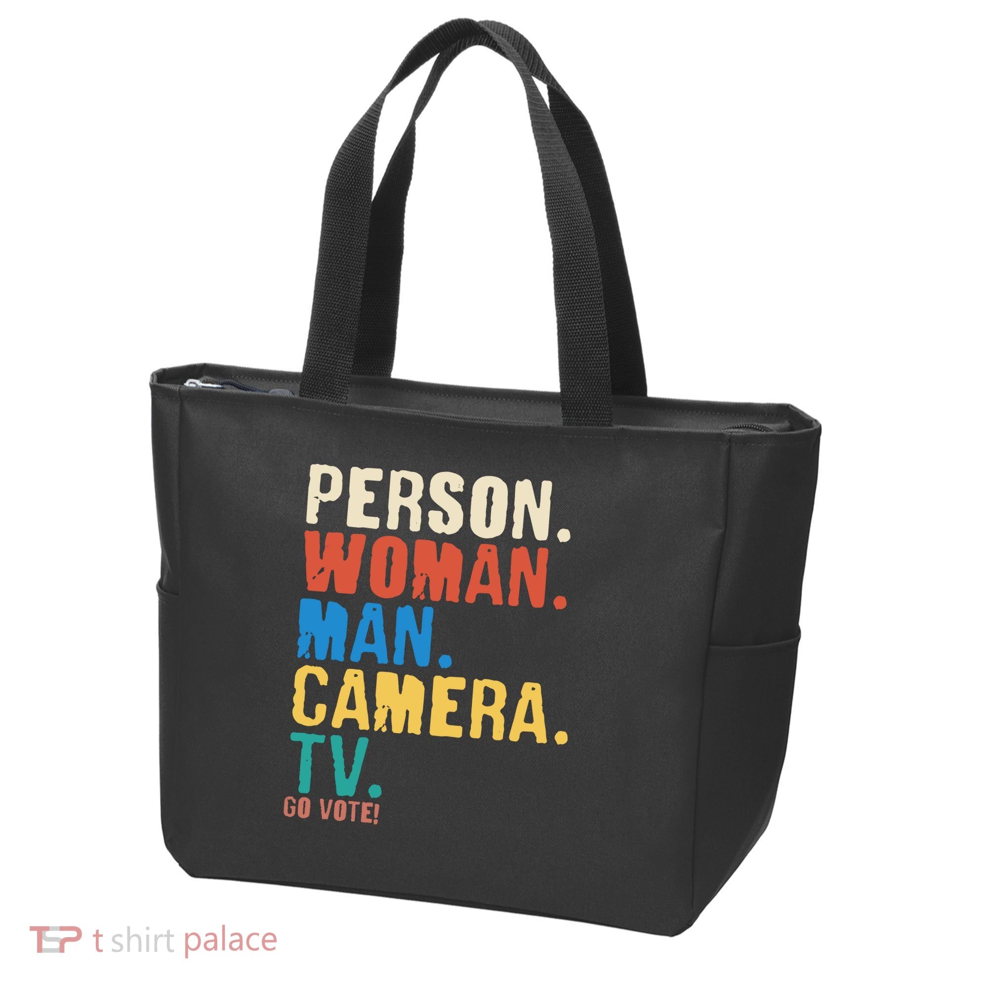 Person Woman Man Camera TV Go Vote Distressed Tote Bag