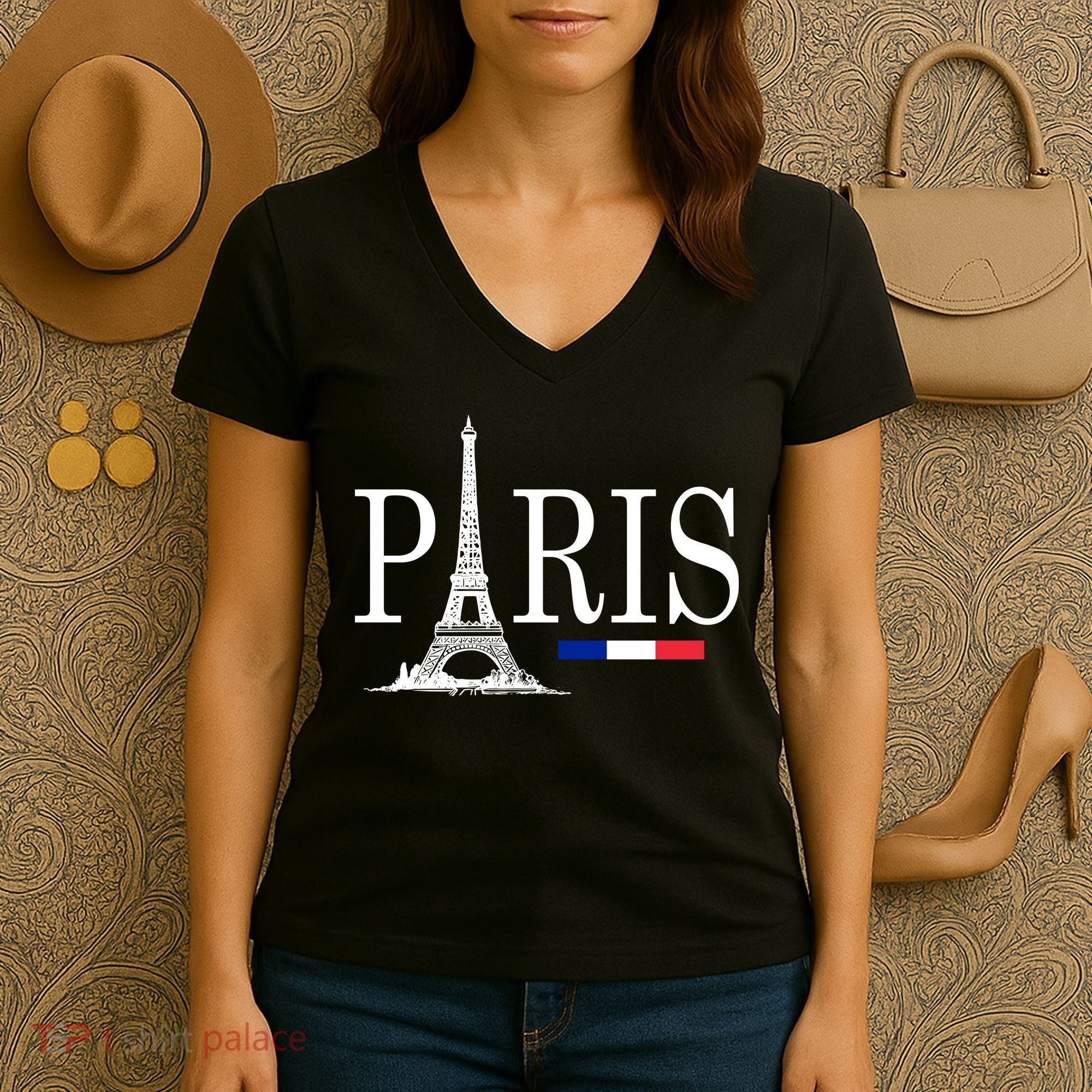 Paris Eiffel Tower Logo Women's V-Neck T-Shirt