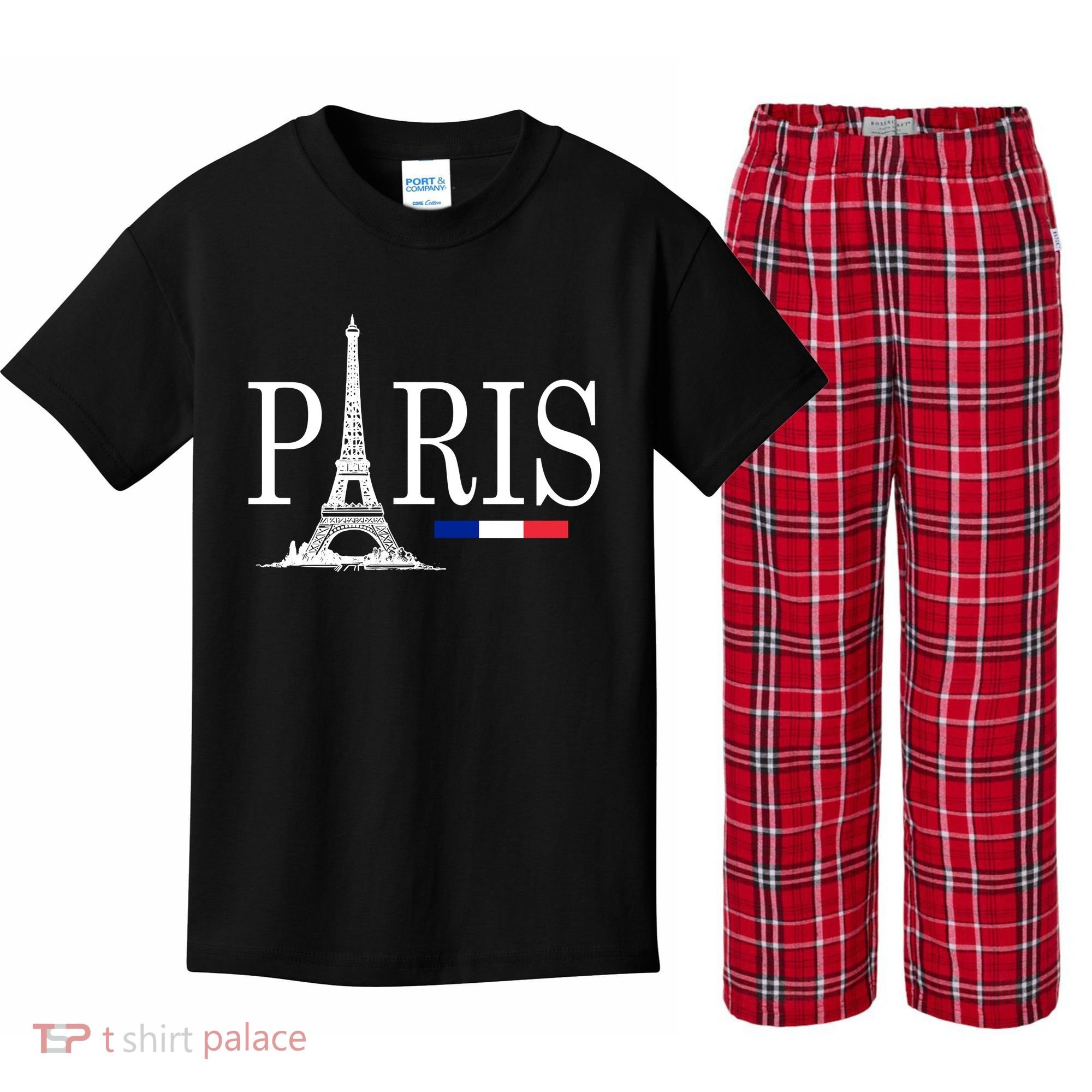 Paris Eiffel Tower Logo Kids Plaid Pajama Set