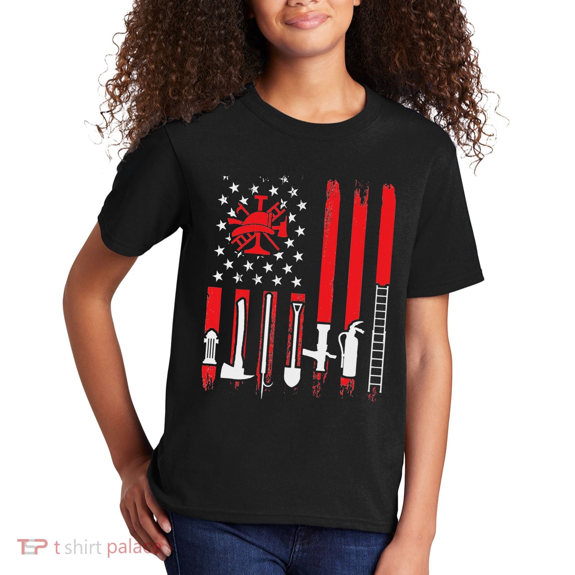 Patriotic Fireman American Flag Firefighter Kids T-Shirt