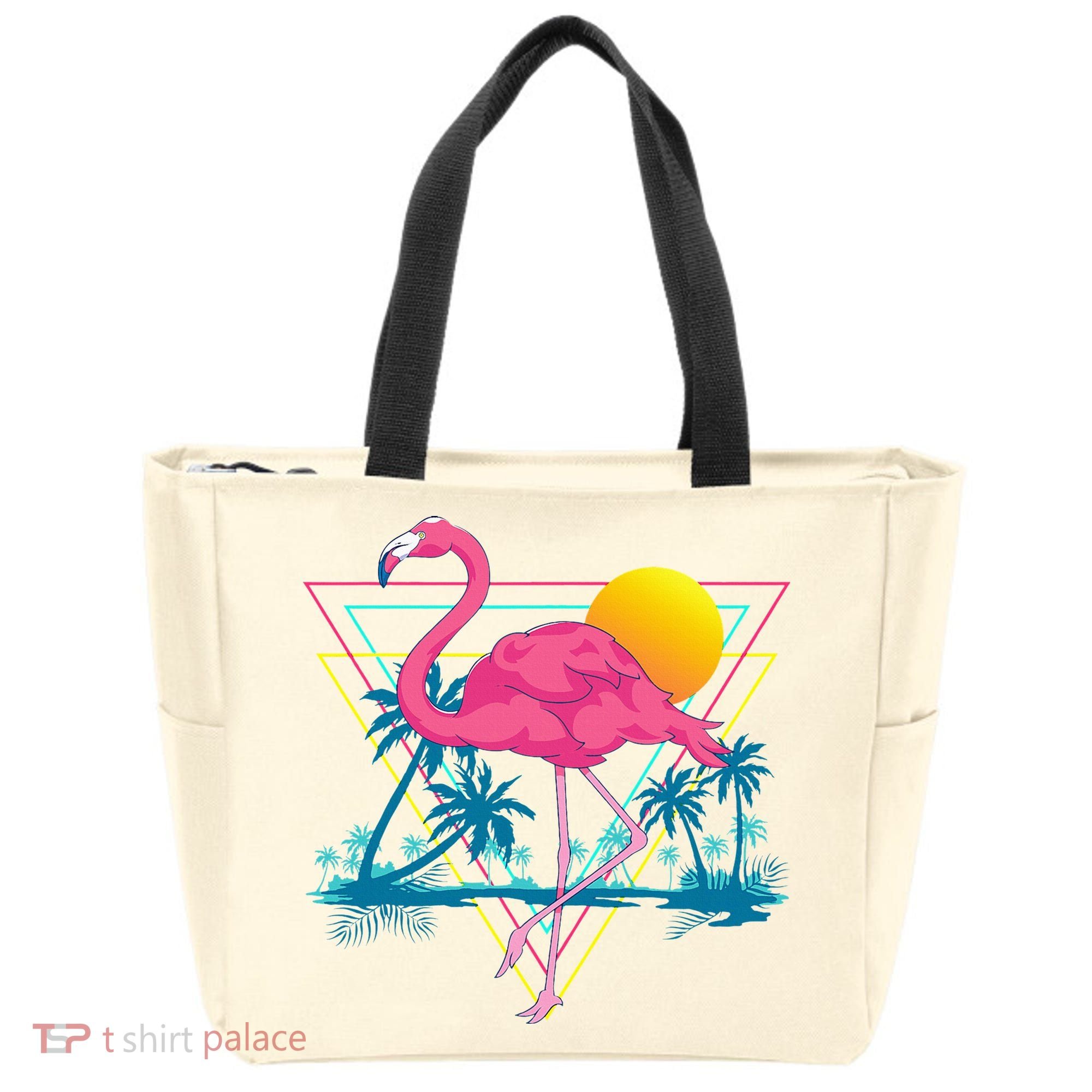Pink Flamingo Beach Summer Vibes Palm Trees Tropical Summer Tote Bag