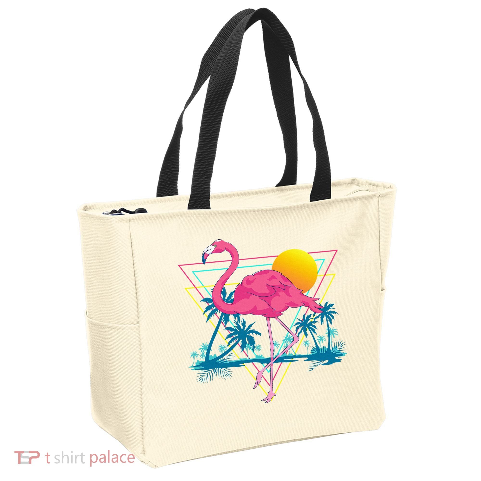 Pink Flamingo Beach Summer Vibes Palm Trees Tropical Summer Tote Bag