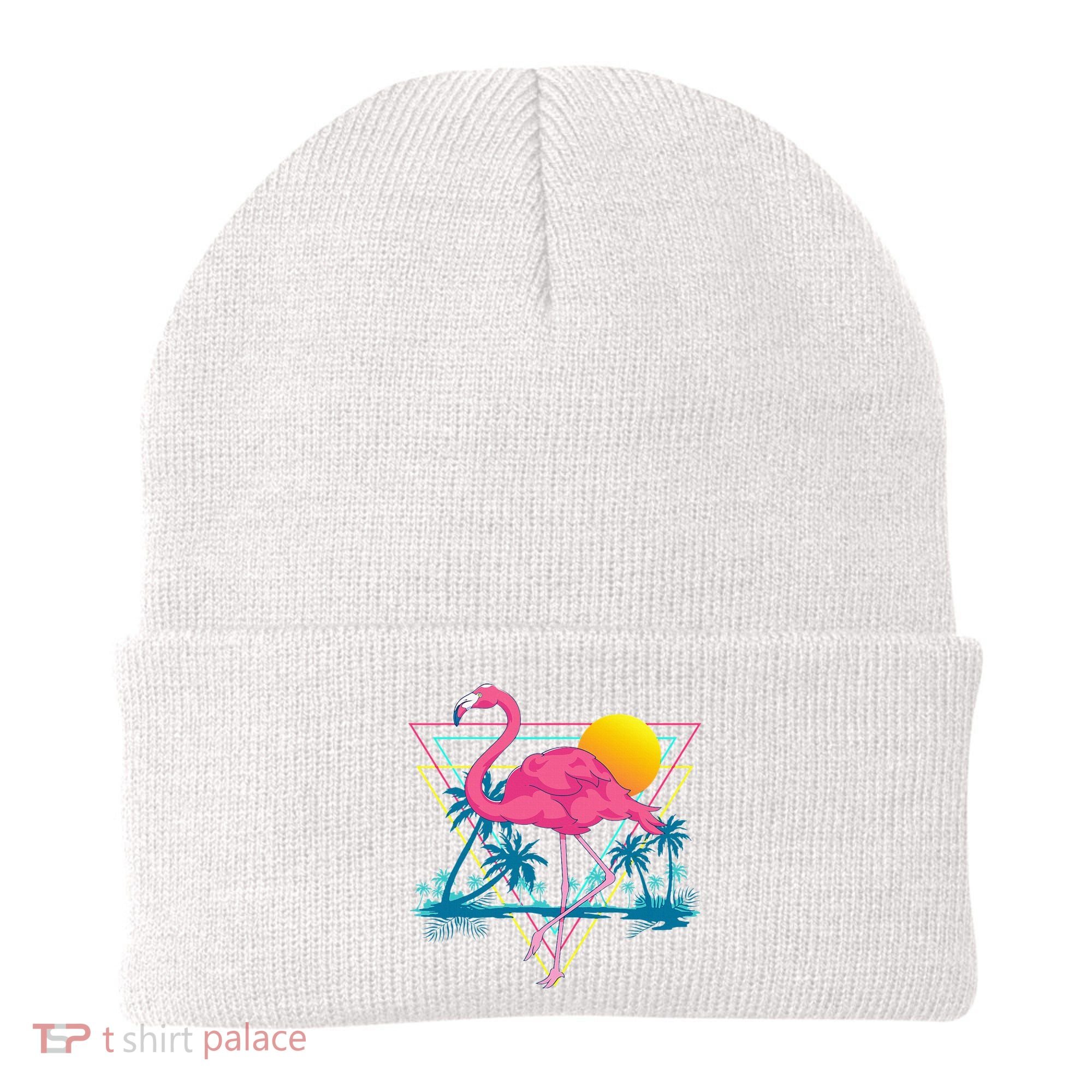 Pink Flamingo Beach Summer Vibes Palm Trees Tropical Summer Beanie