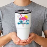 Pink Flamingo Beach Summer Vibes Palm Trees Tropical Summer Tumbler thumb 2
