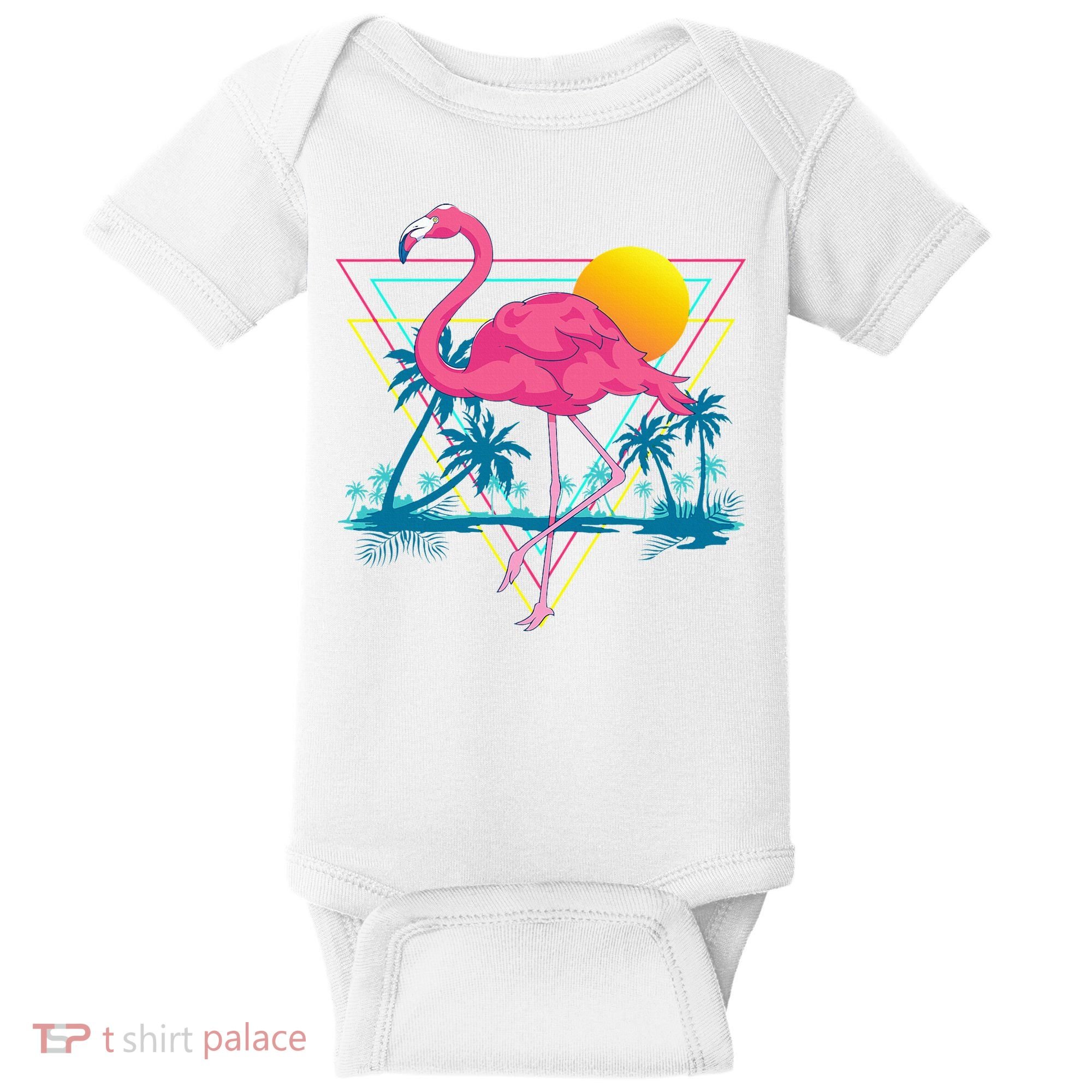 Pink Flamingo Beach Summer Vibes Palm Trees Tropical Summer Baby Bodysuit
