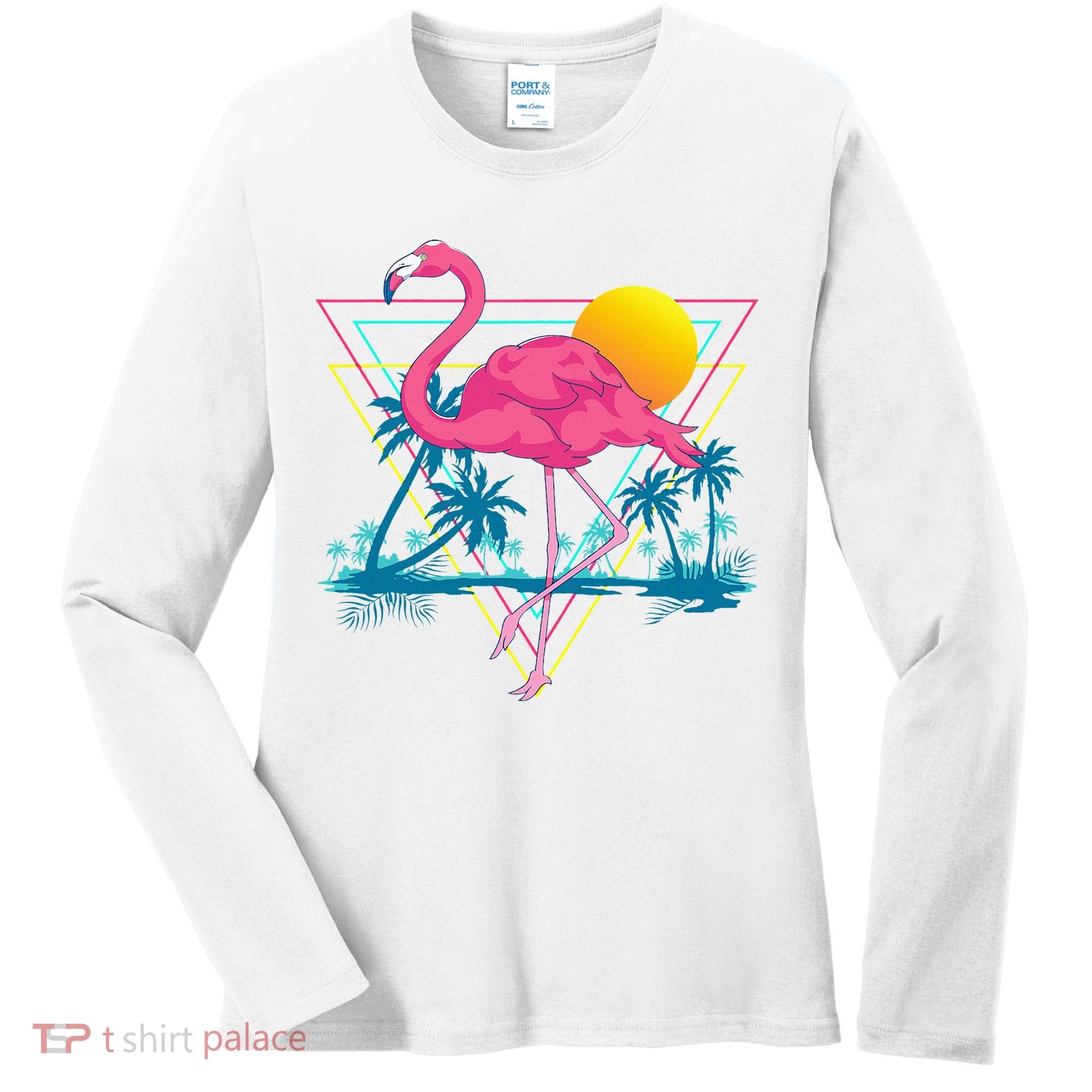 Pink Flamingo Beach Summer Vibes Palm Trees Tropical Summer Women's Long Sleeve Shirt