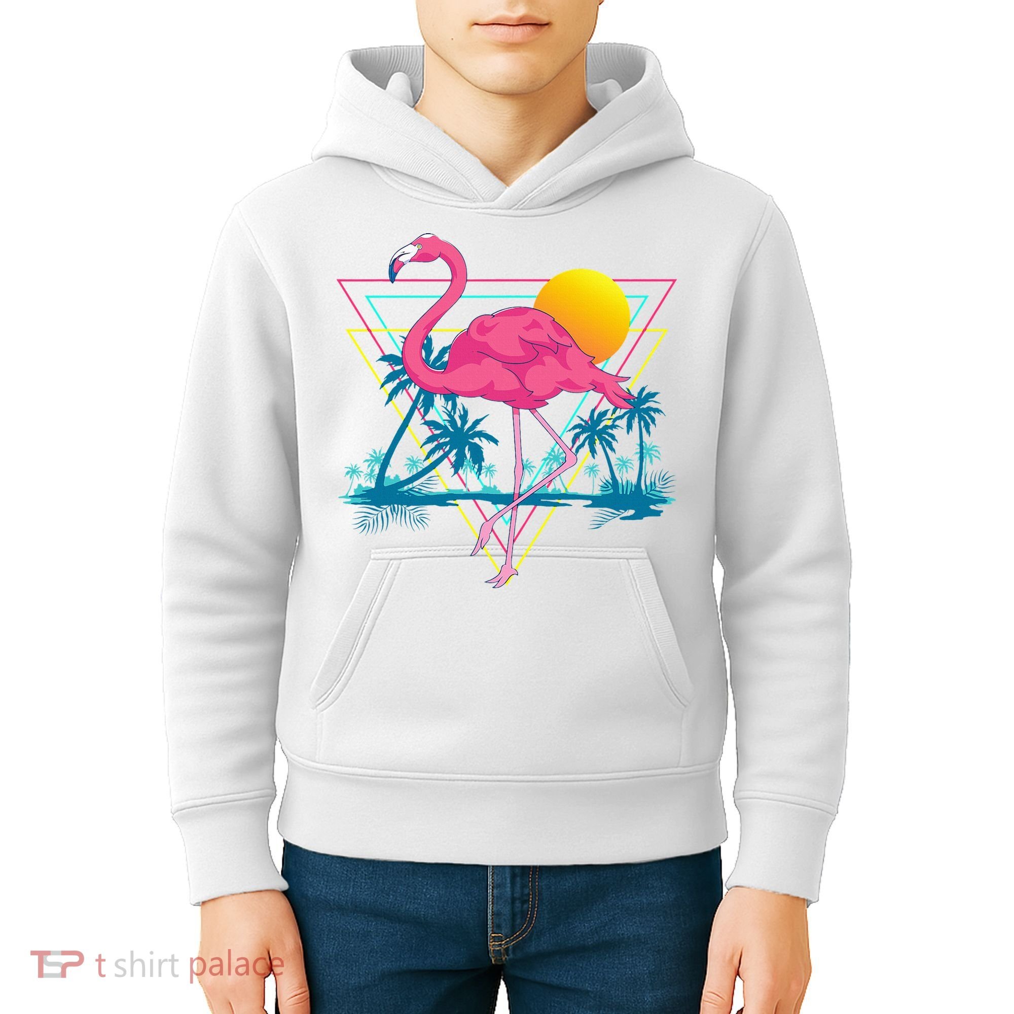 Pink Flamingo Beach Summer Vibes Palm Trees Tropical Summer Kids Hoodie