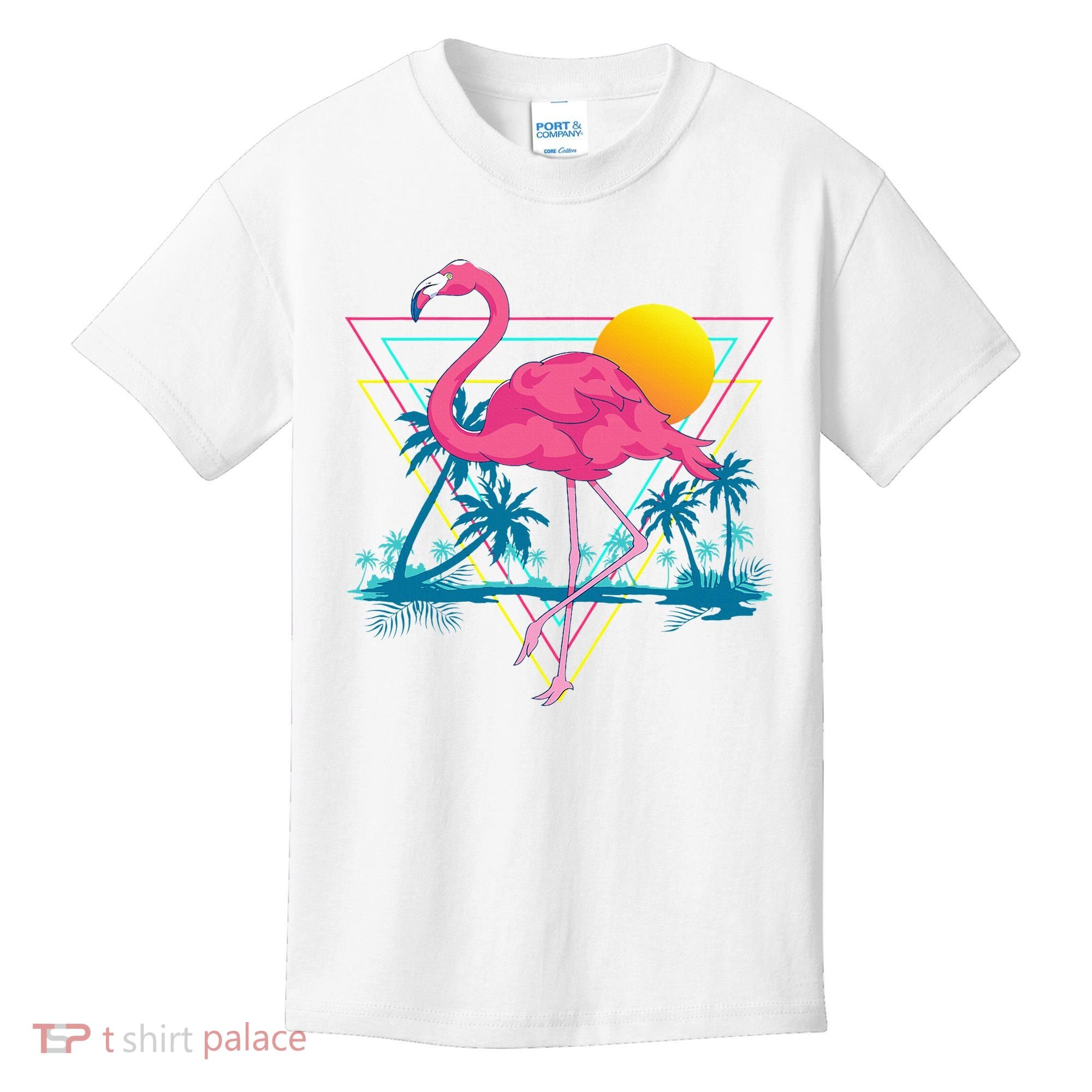 Pink Flamingo Beach Summer Vibes Palm Trees Tropical Summer Kids T-Shirt
