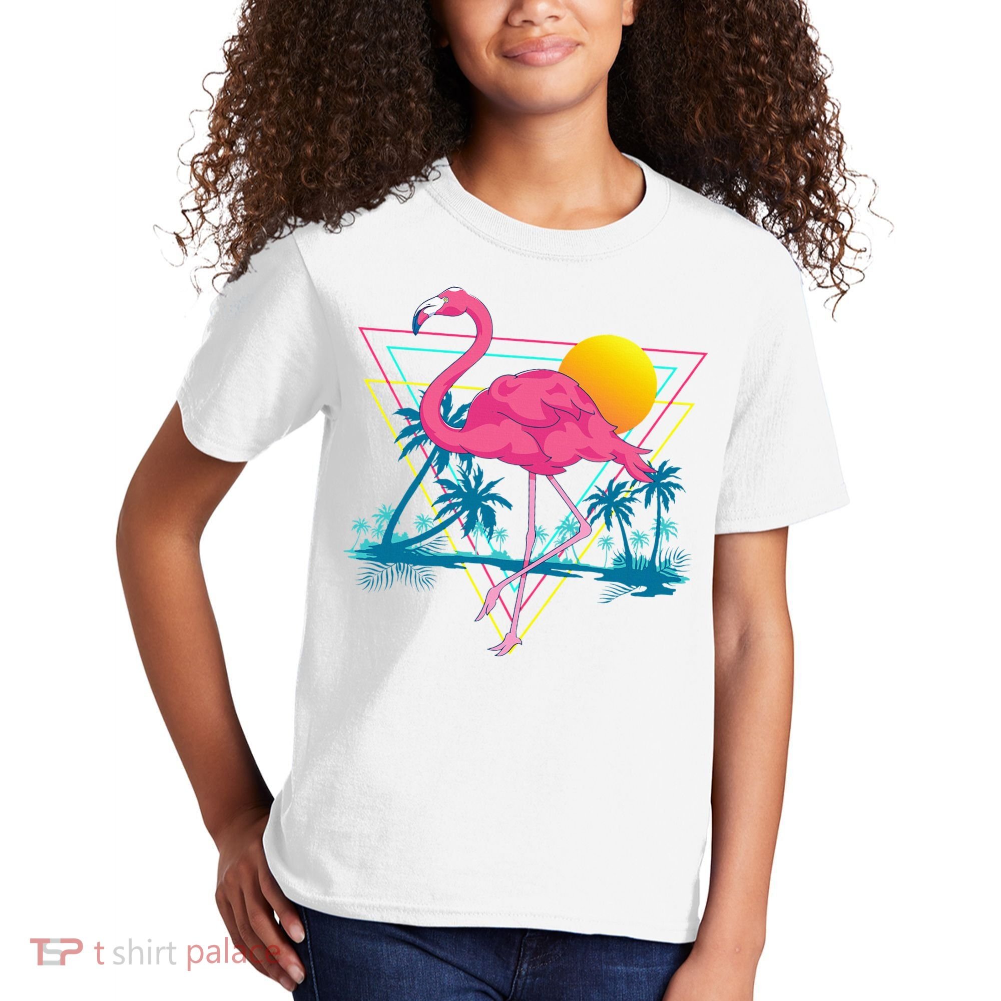 Pink Flamingo Beach Summer Vibes Palm Trees Tropical Summer Kids T-Shirt